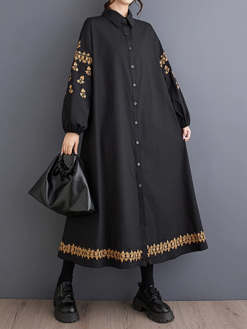 Embroidered Button-Front Shirt Dress with Lantern Sleeves, Chic and Elegant