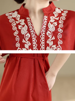 Embroidered Cotton-Linen Kaftan Maxi Dress with Mandarin Neckline