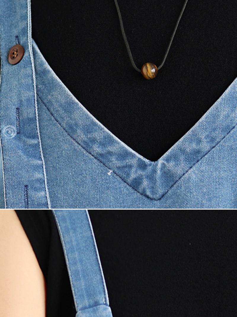 Relaxed V-Neck Denim Dress in Cotton Pinafore Style, Adjustable Midi Silhouette