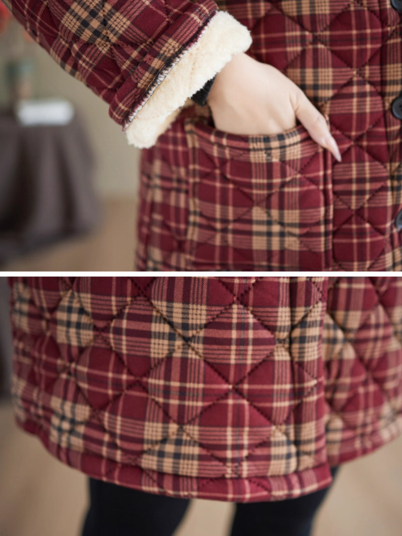 Quilted Plaid Stand-Collar Coat in Cotton&Flax with Patch Pockets Warm