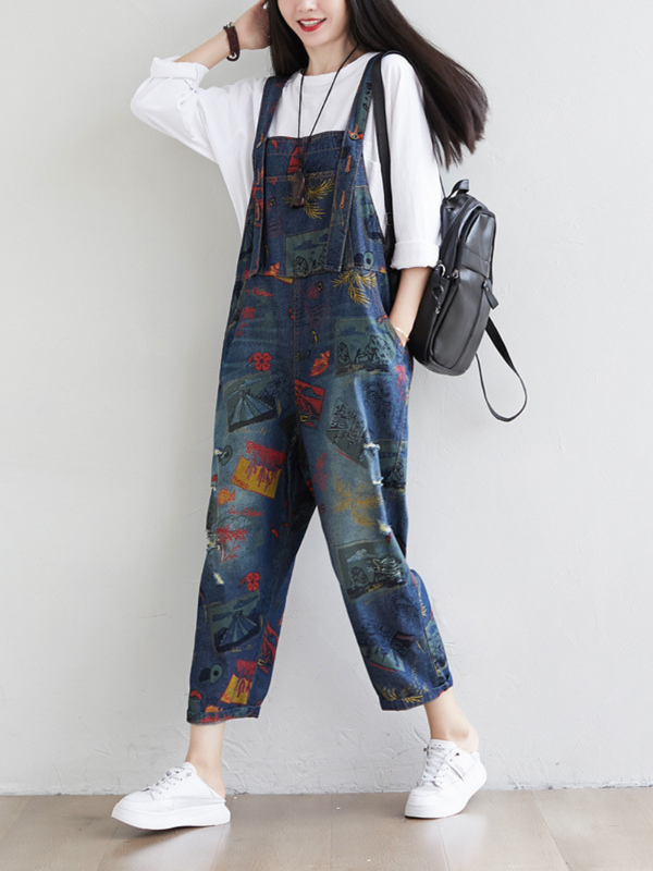 Women's  Large Size Denim Overalls Jumpsuit