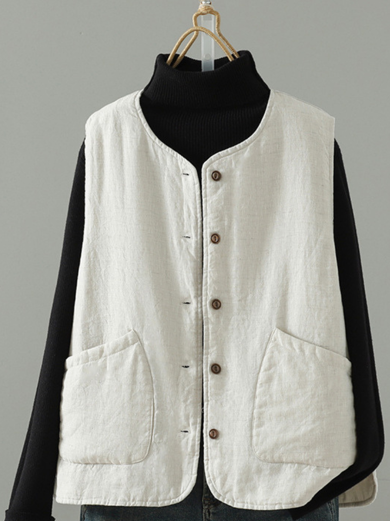 Chic Cotton&Flax Buttoned Women's Vest with Pockets, Minimal Layering Essential