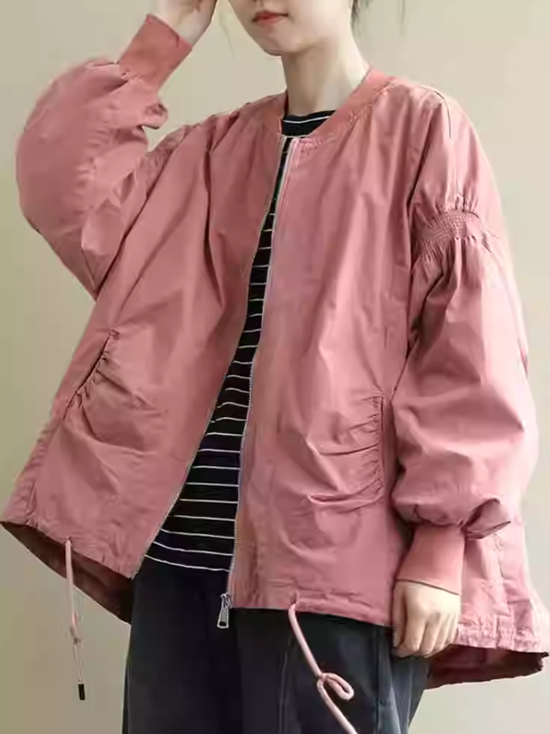 Oversized Ruched-Sleeve Women's Bomber Jacket in Cotton-Nylon Blend, Lightweight Chic