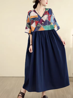 Patchwork V-Neck Boho Maxi Dress in Soft Viscose Blend Elegance