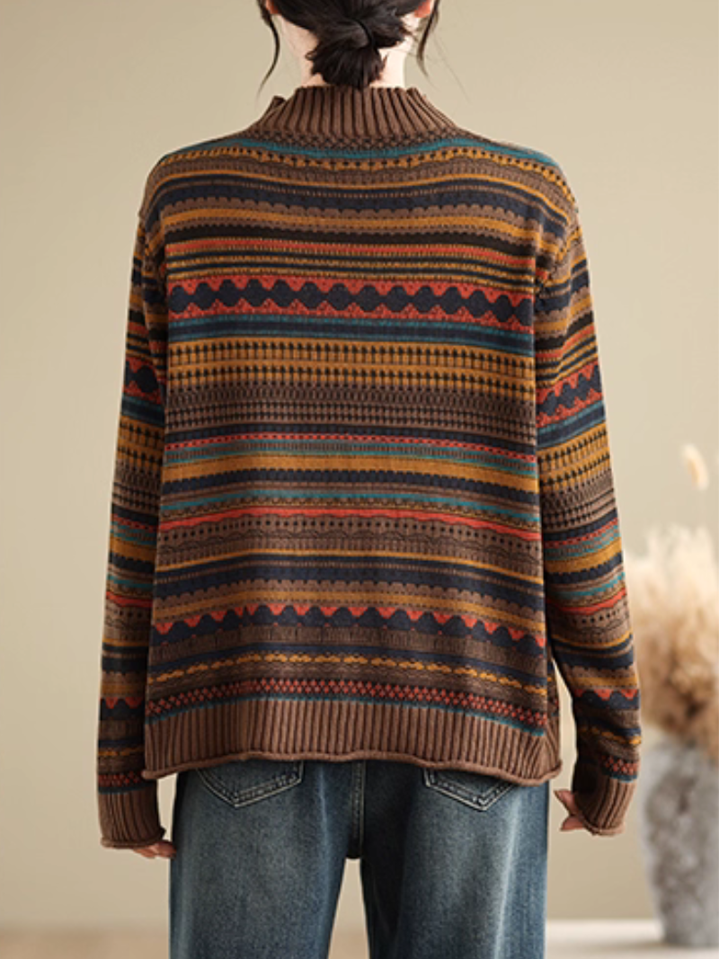 Artisanal Jacquard Mock-Neck Women's Knit Sweater, Relaxed Weekend Layer
