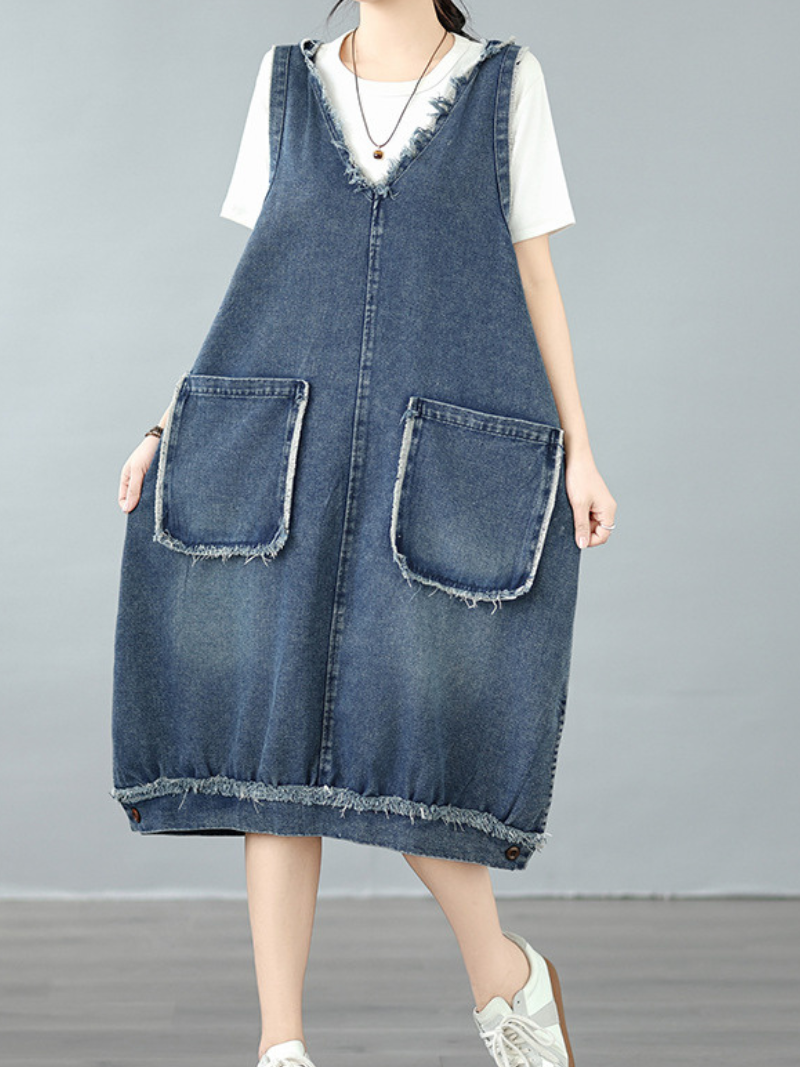 Frayed-Edge Denim Cotton Pinafore Dress with Oversized Pockets, Effortless Chic