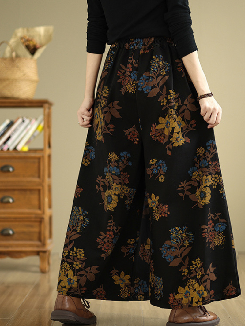 Floral Wide-Leg Denim Cotton Palazzo Pants with Pockets, Effortless Elegance