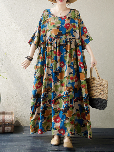 Women's Summer Boho Bloom Large Size Printed Smock Dress