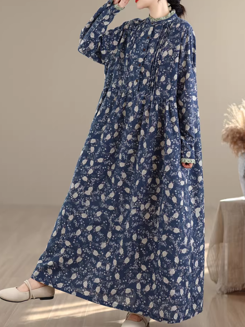 Artful Floral Cotton Boho Maxi Dress with Pintucks and Long Sleeves