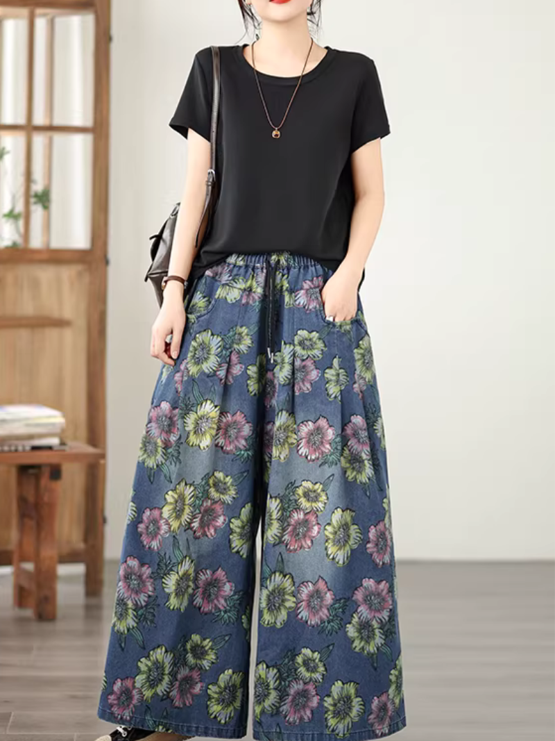 Floral Wide-Leg Denim Cotton Palazzo Pants with Pockets, Effortless Chic