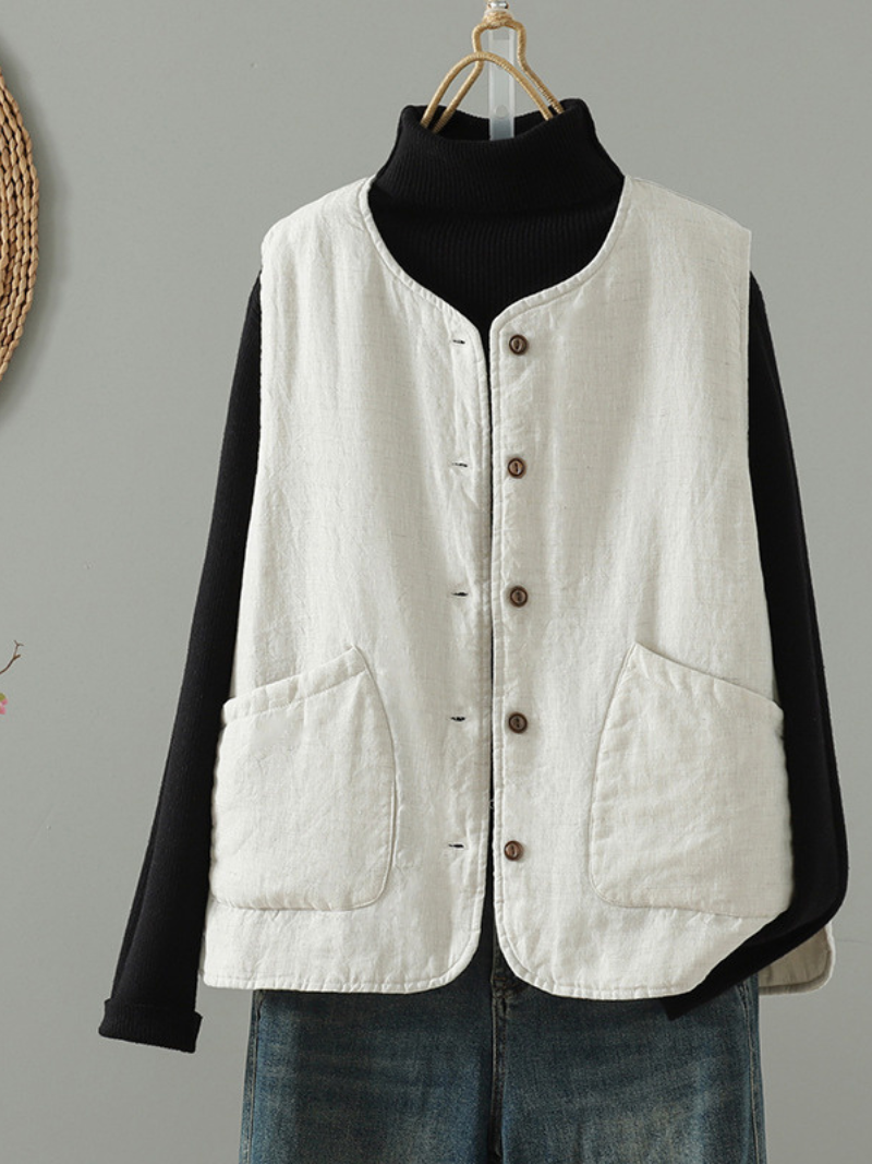 Chic Cotton&Flax Buttoned Women's Vest with Pockets, Minimal Layering Essential