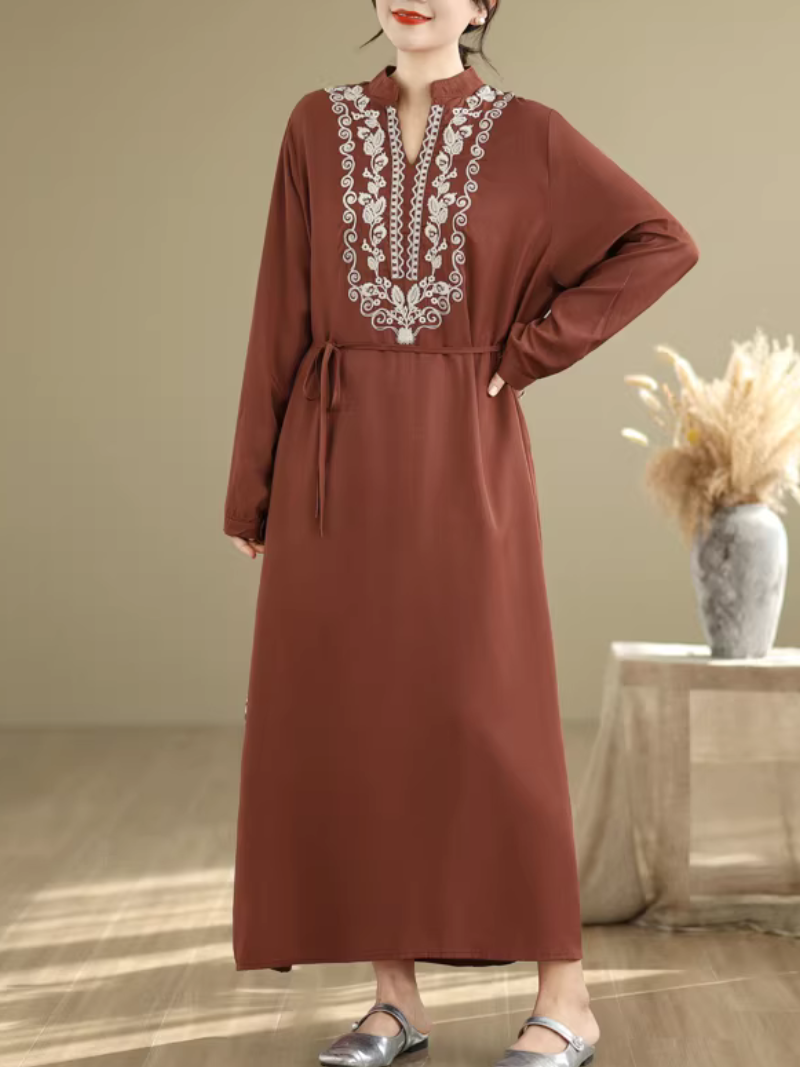 Embroidered Cotton-Linen Kaftan Maxi Dress with Mandarin Neckline