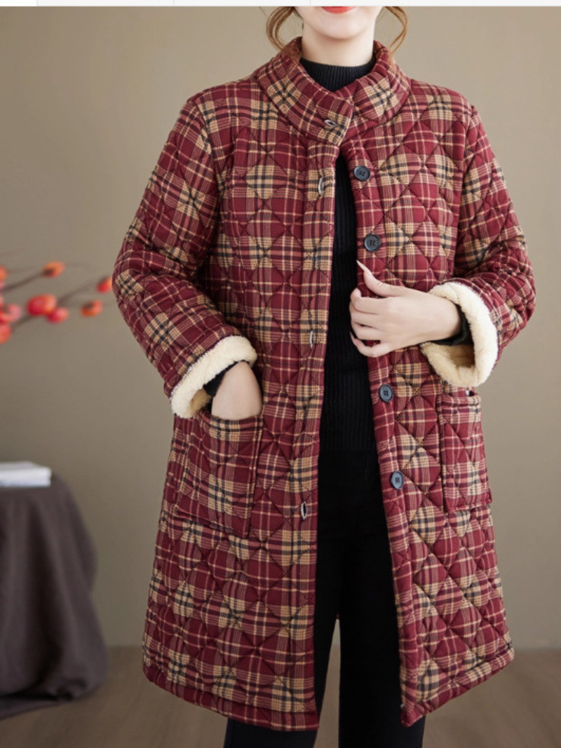 Quilted Plaid Stand-Collar Coat in Cotton&Flax with Patch Pockets Warm
