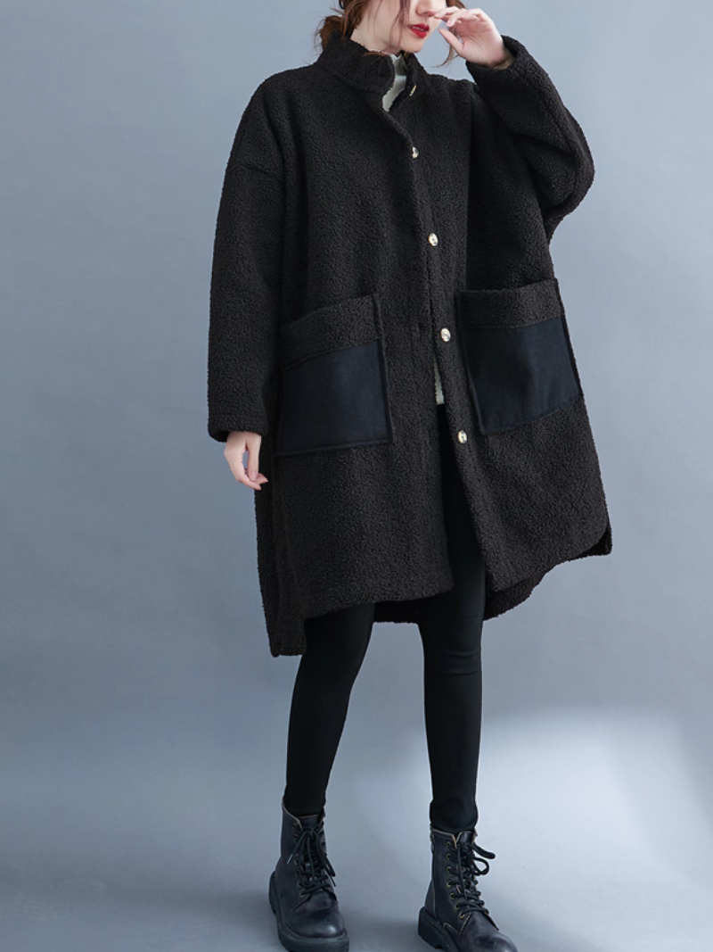 Oversized Lambskin Shearling Coat with Stand Collar and Contrast Patch Pockets