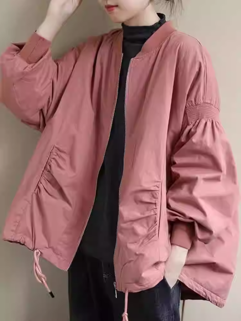 Oversized Ruched-Sleeve Women's Bomber Jacket in Cotton-Nylon Blend, Lightweight Chic