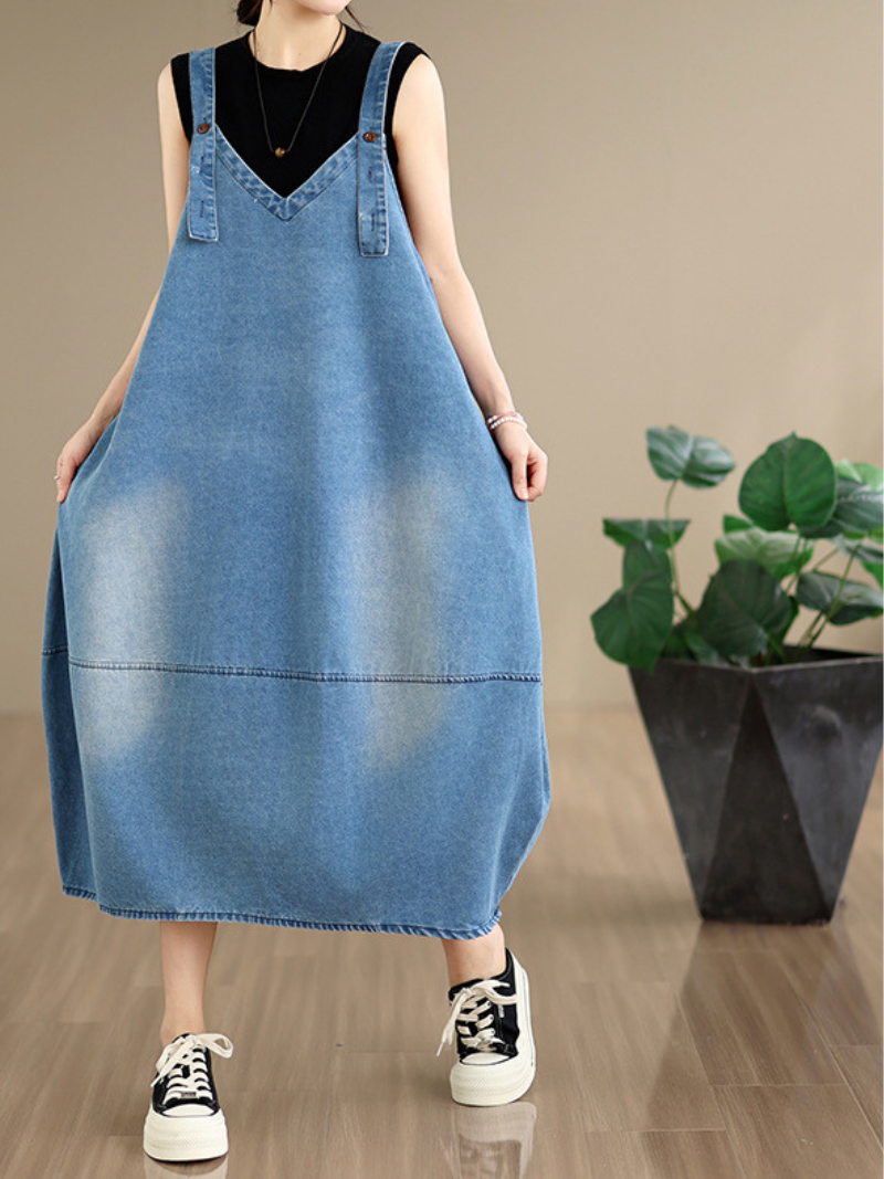 Relaxed V-Neck Denim Dress in Cotton Pinafore Style, Adjustable Midi Silhouette