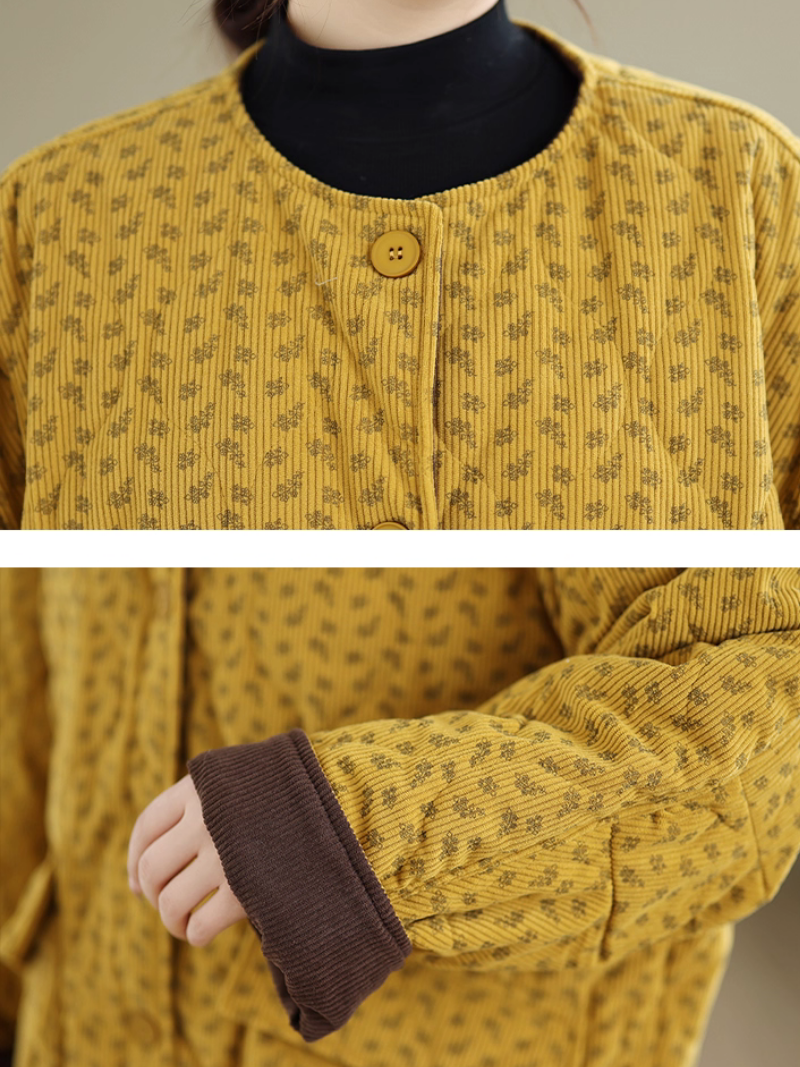 Quilted Corduroy Jacket with Patch Pockets, Round Neck and Drawstring Hem