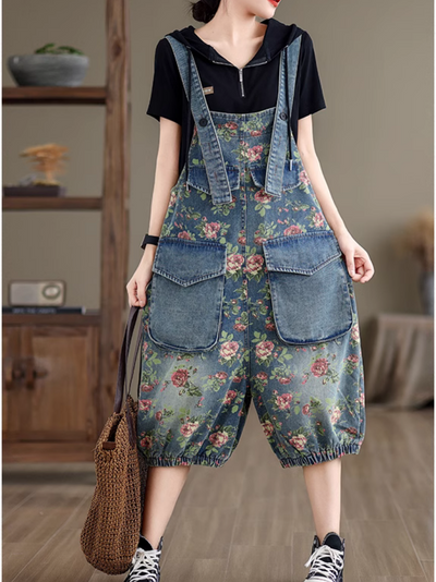 Women's Summer Retro Fashion Printed Flower Overalls Dungarees