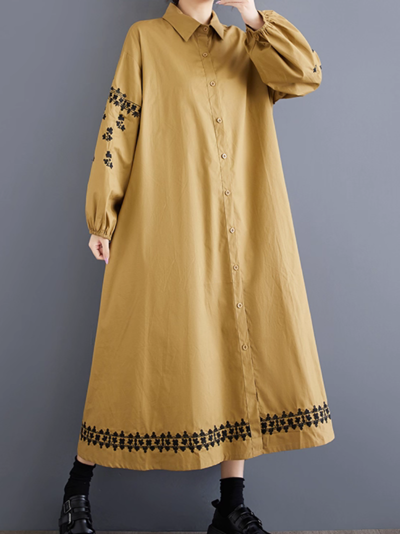 Embroidered Button-Front Shirt Dress with Lantern Sleeves, Chic and Elegant