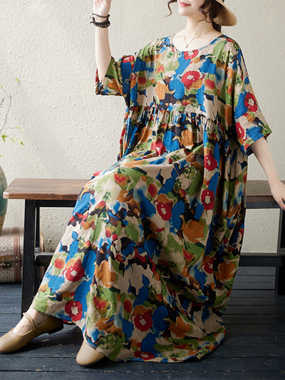 Women's Summer Boho Bloom Large Size Printed Smock Dress