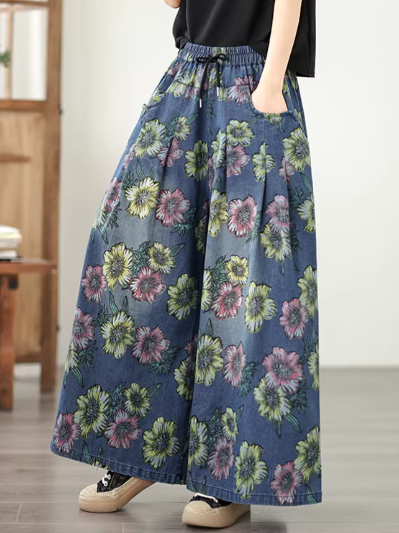 Floral Wide-Leg Denim Cotton Palazzo Pants with Pockets, Effortless Chic