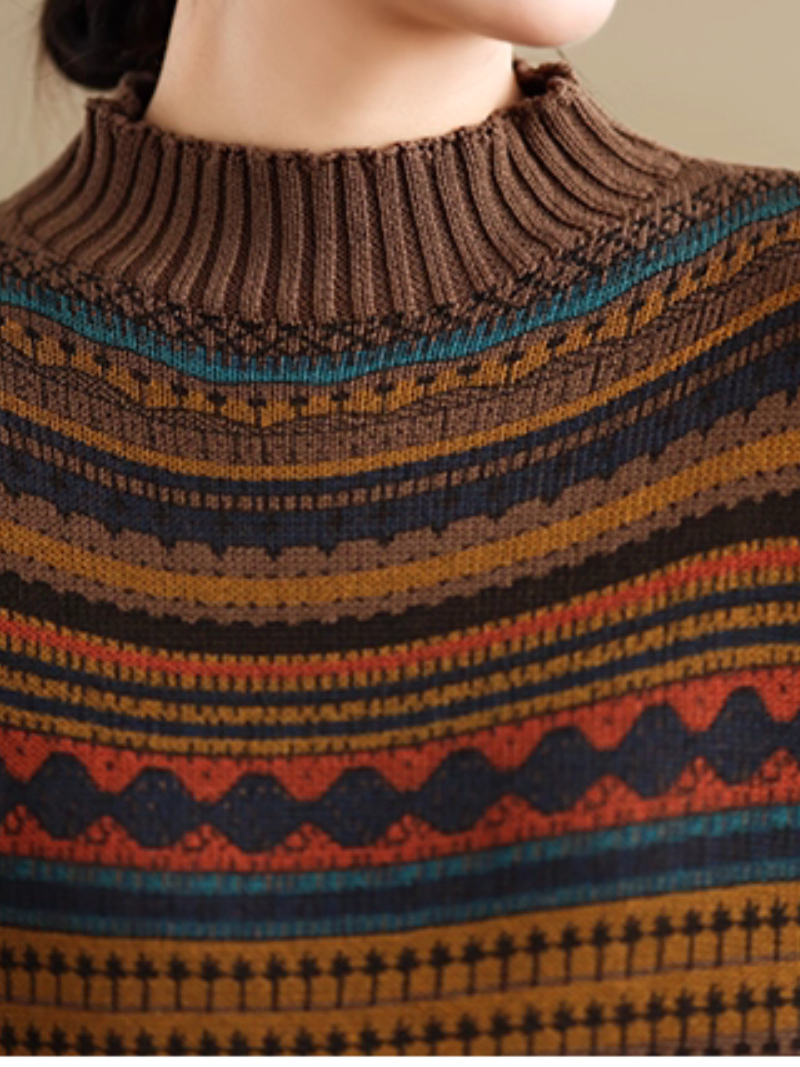 Artisanal Jacquard Mock-Neck Women's Knit Sweater, Relaxed Weekend Layer