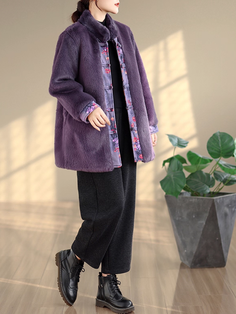 Elegant Mandarin-Collar Faux Fur Winter Coat in Imitation Mink Velvet