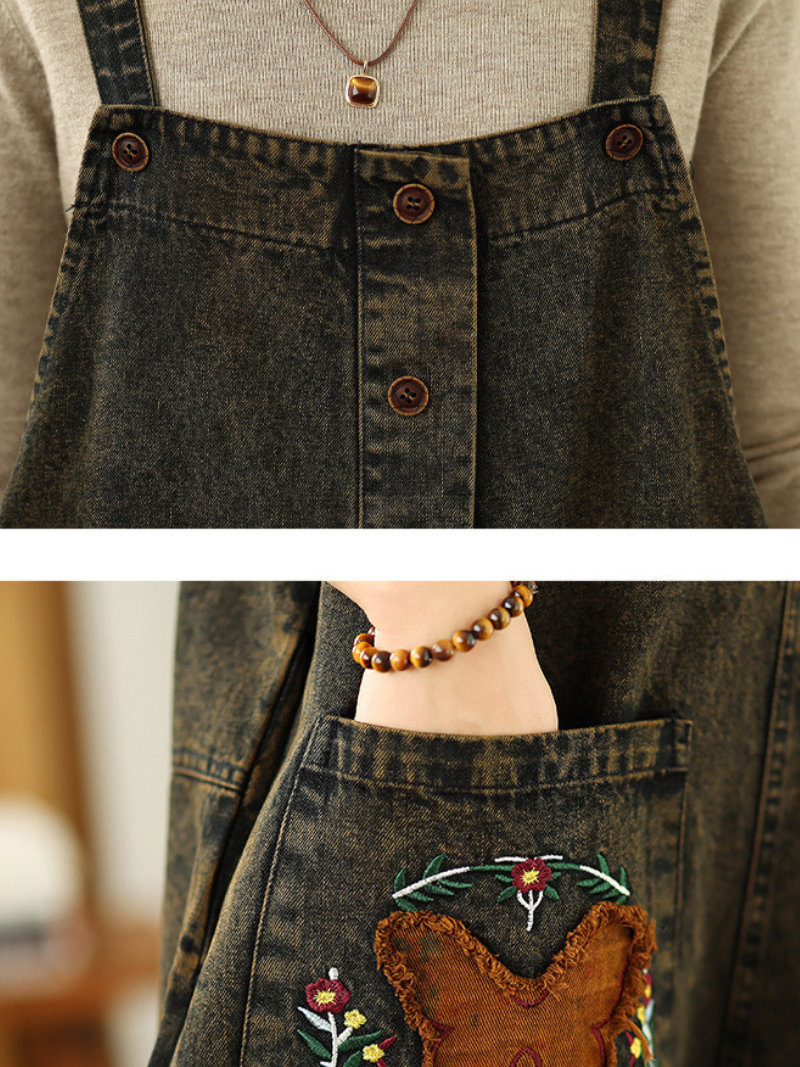 Artisanal Denim Overalls in Cotton with Embroidered Patchwork, Relaxed Jumpsuit