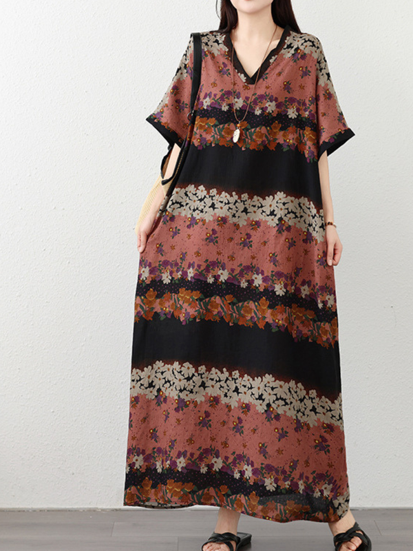 Breezy Weekend Maxi Kaftan Dress— Flowy Floral Dress with Forgiving Drape