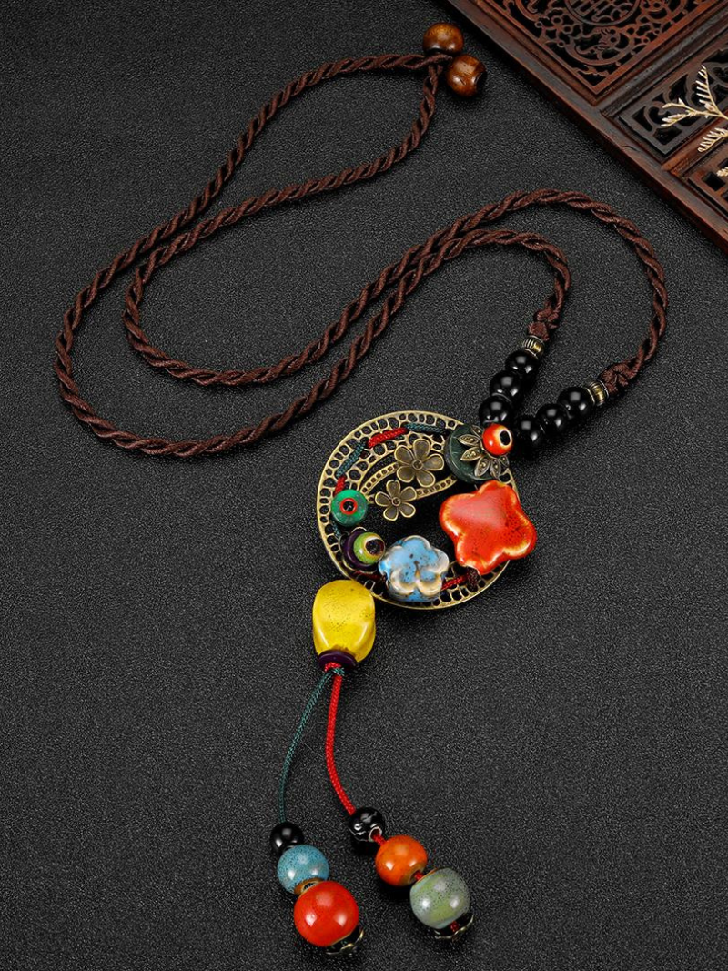 Chine esthétique de style ethnique Chaîne Rétros Retro Retro tissé de style chinois Collier en céramique Pendentif