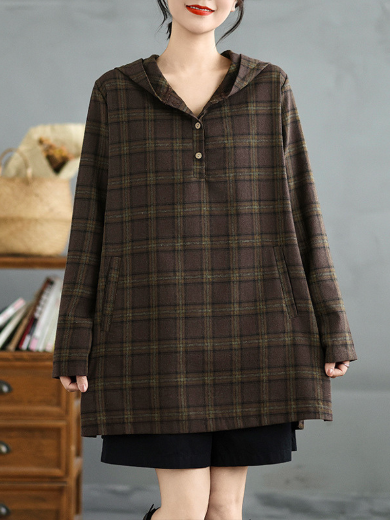 Look à la mode des femmes Plaid Hooded Loose Mid-Long Tops Shirts