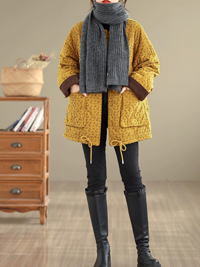 Quilted Corduroy Jacket with Patch Pockets, Round Neck and Drawstring Hem