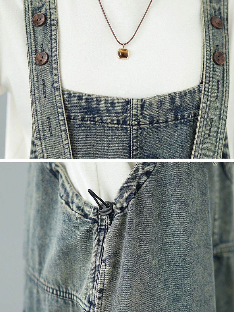 Relaxed Utility Denim Overalls with Cargo Pockets and Adjustable Straps for Women