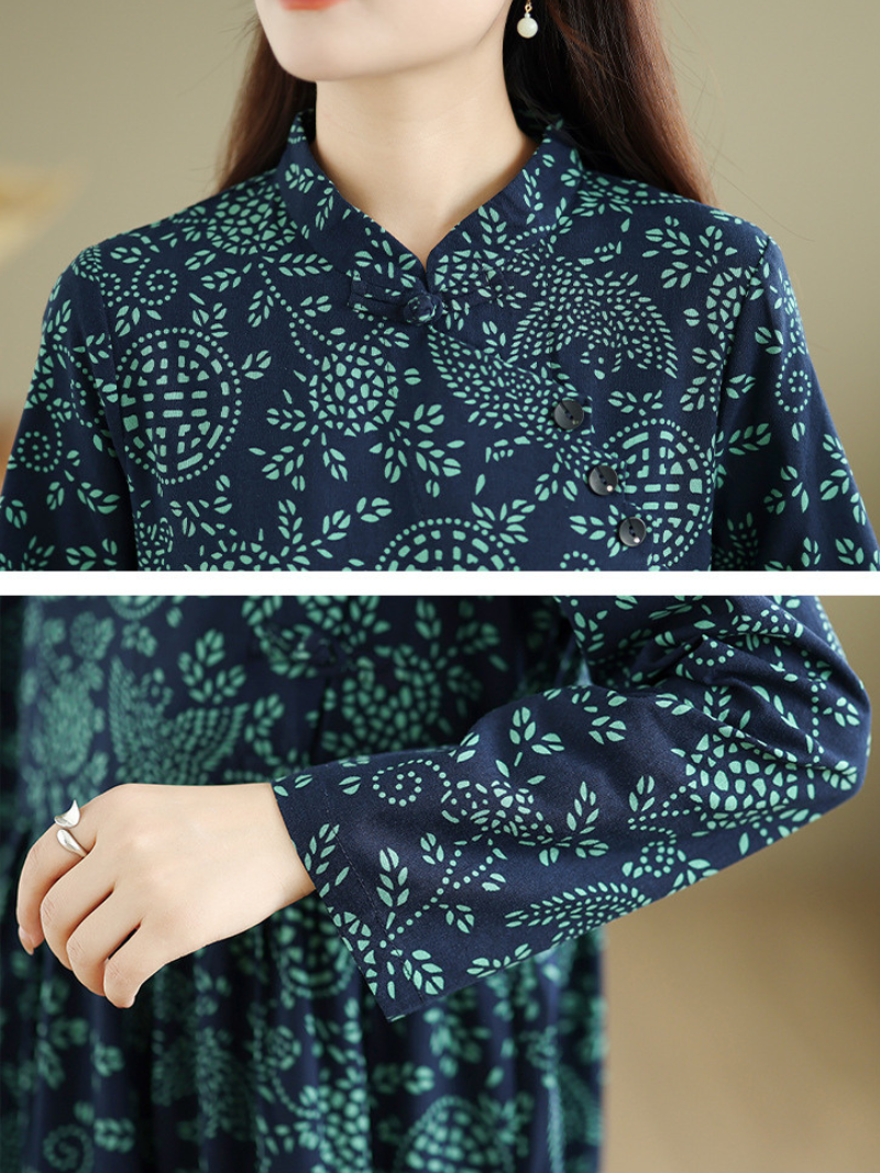 Artisanal Print Cotton Maxi Dress with Mandarin Collar and Long Sleeves