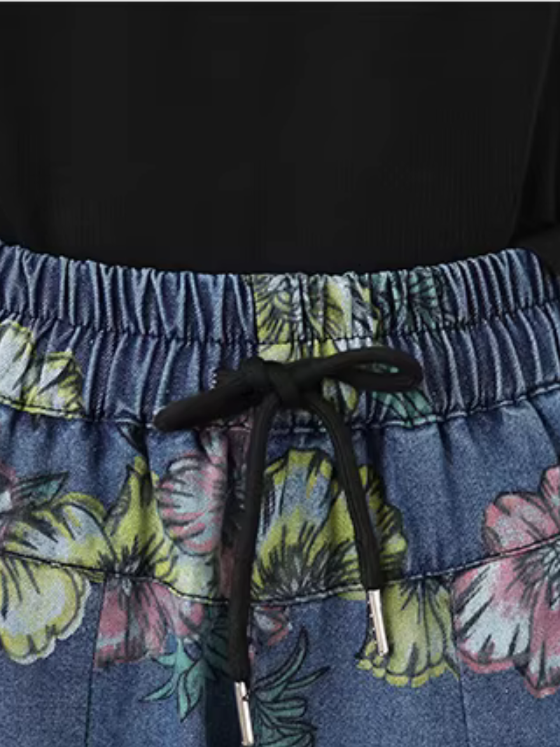 Floral Wide-Leg Denim Cotton Palazzo Pants with Pockets, Effortless Chic