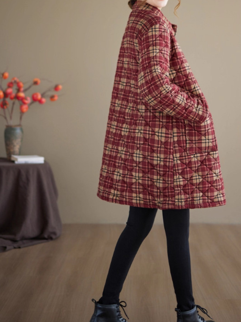 Quilted Plaid Stand-Collar Coat in Cotton&Flax with Patch Pockets Warm