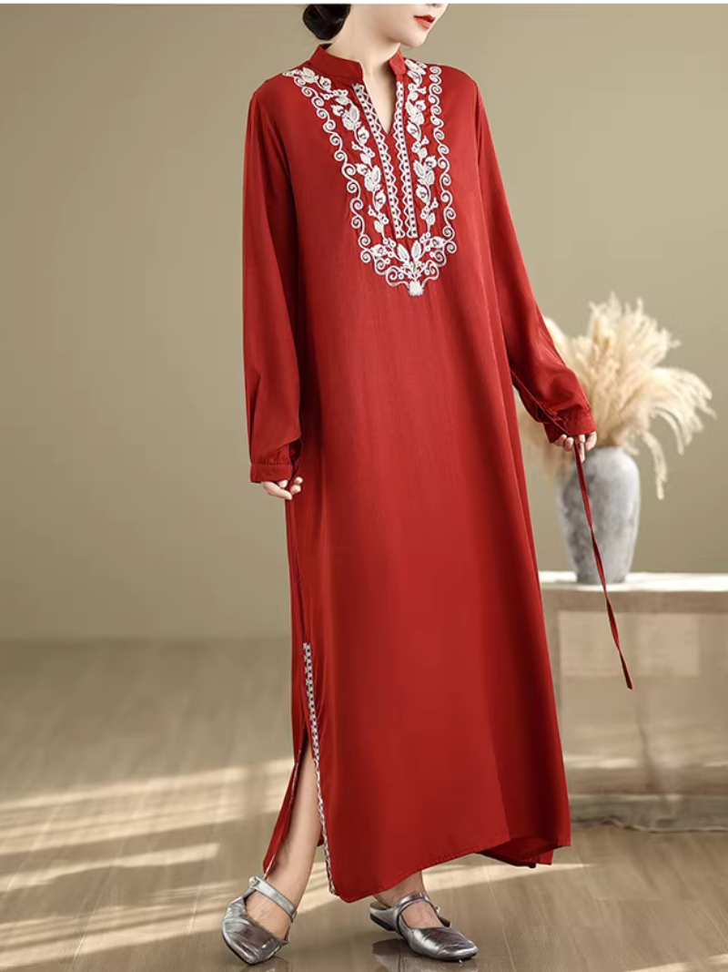 Embroidered Cotton-Linen Kaftan Maxi Dress with Mandarin Neckline
