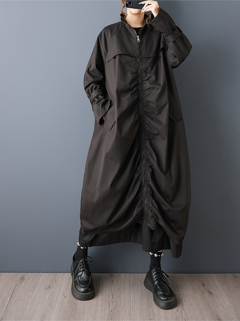 Avant-Garde Maxi Cocoon Coat with Zip Front, Minimal Oversized Silhouette