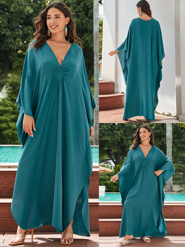 فستان قفطان نسائي واسع فضفاض بمقاس كبير بلون واحد 