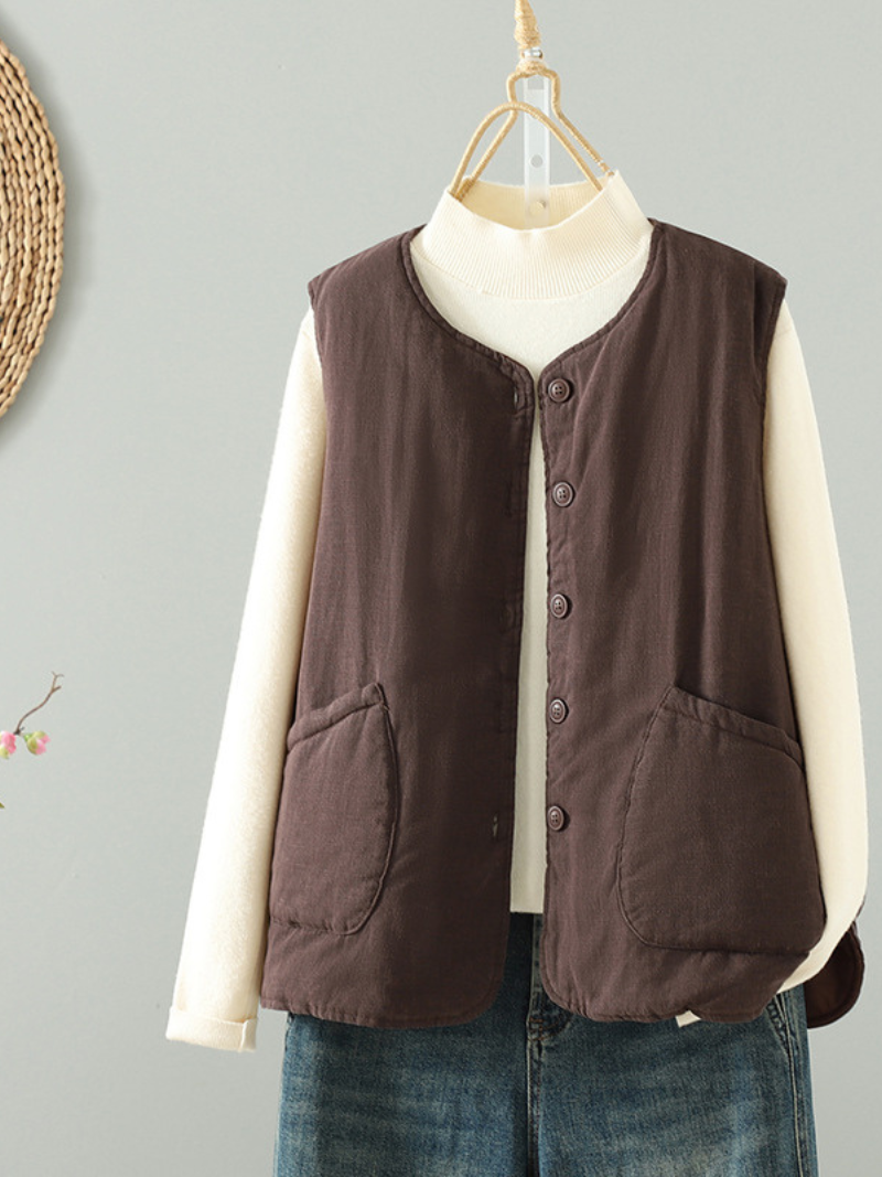 Chic Cotton&Flax Buttoned Women's Vest with Pockets, Minimal Layering Essential
