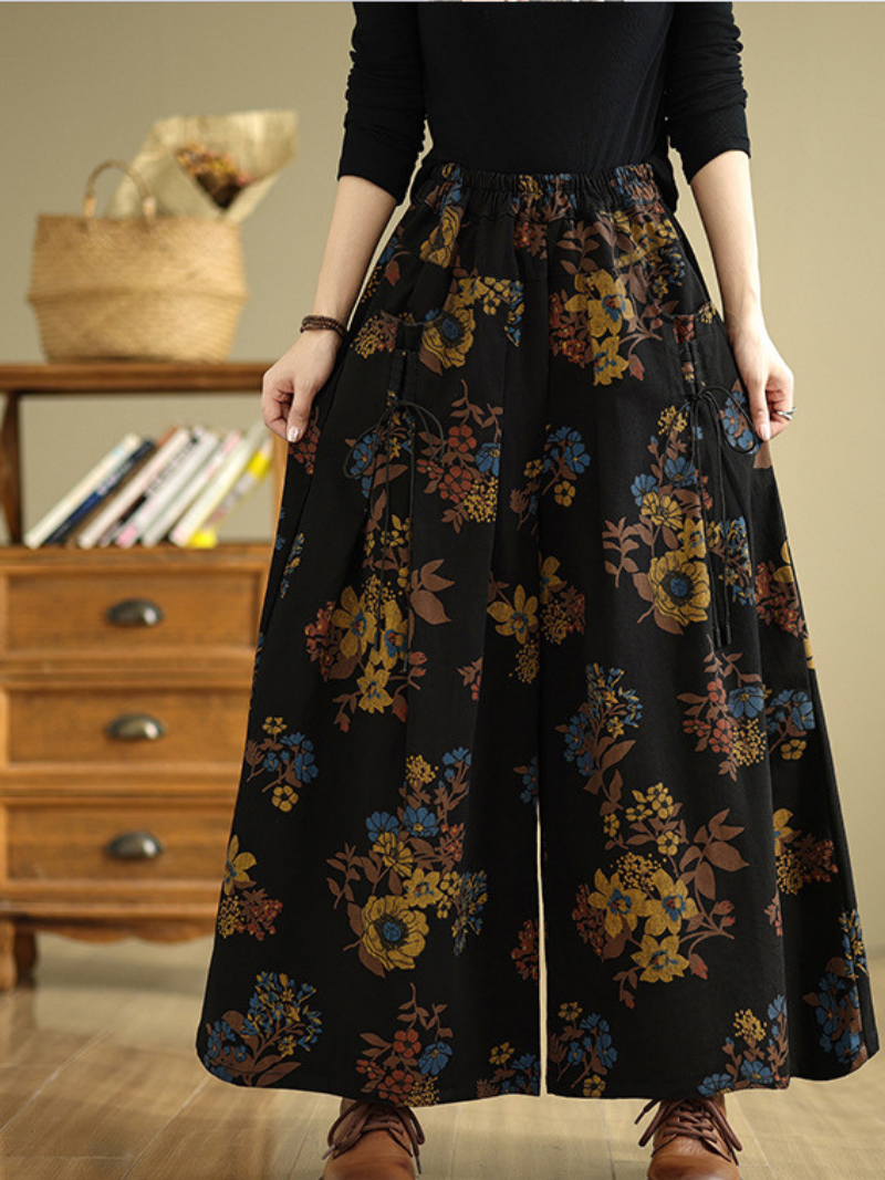 Floral Wide-Leg Denim Cotton Palazzo Pants with Pockets, Effortless Elegance