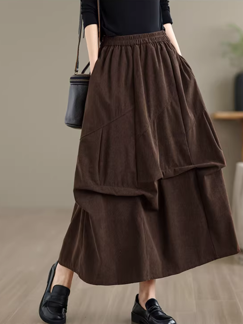 Artful Corduroy Skirt with Draped Layers and Elastic Waist Elegance