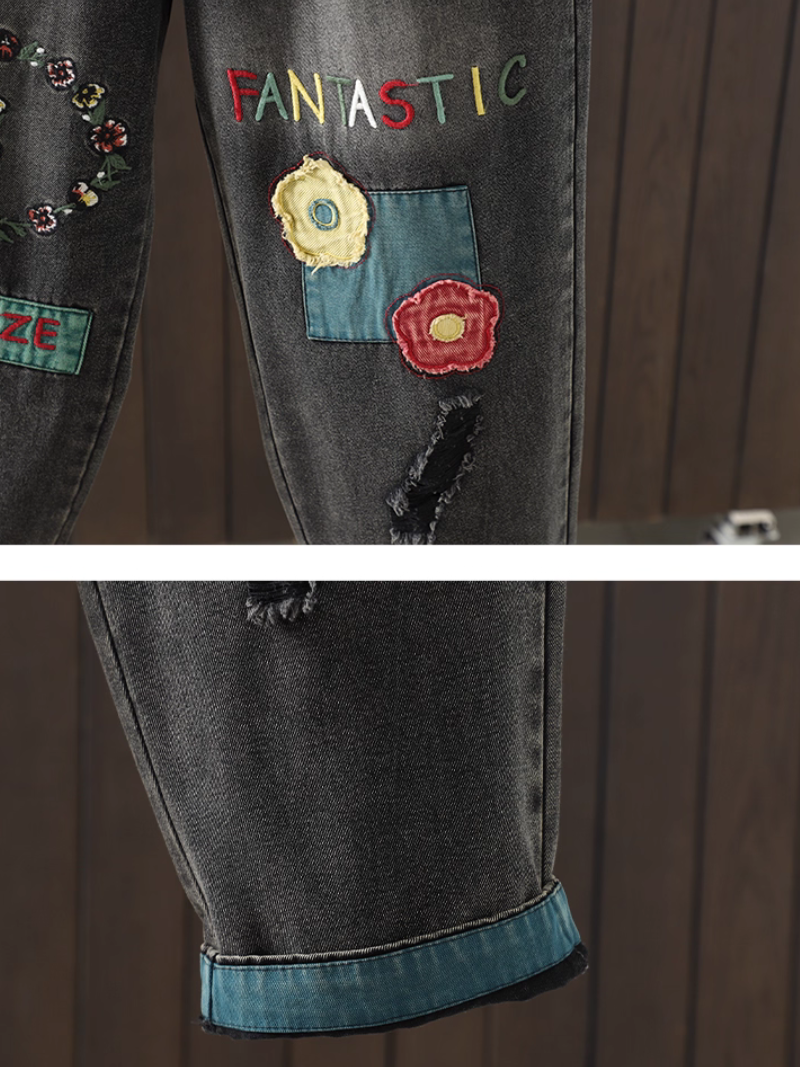 Artful Patchwork Relaxed Tapered Denim Cotton Women’s Jeans