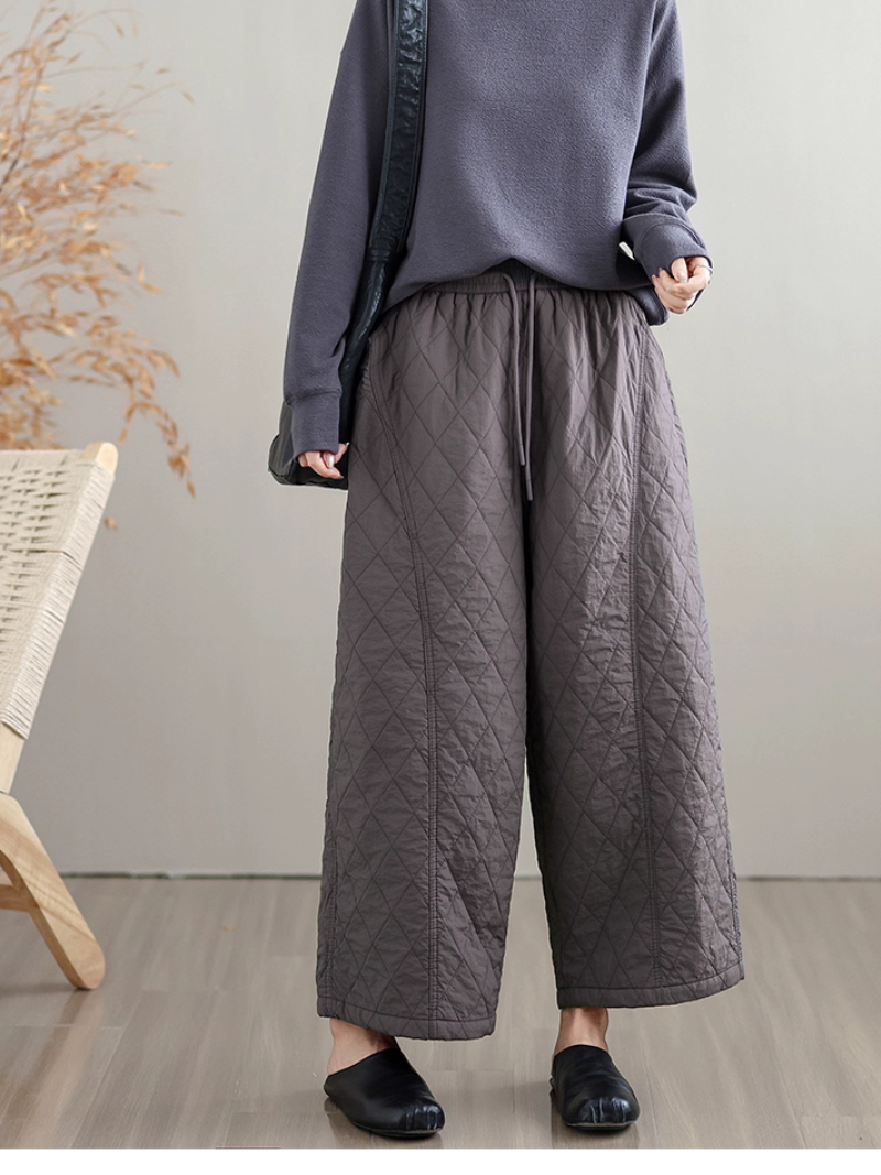 Women's Quilted Wide-Leg Cotton Blend Winter Pants with Drawstring Waist