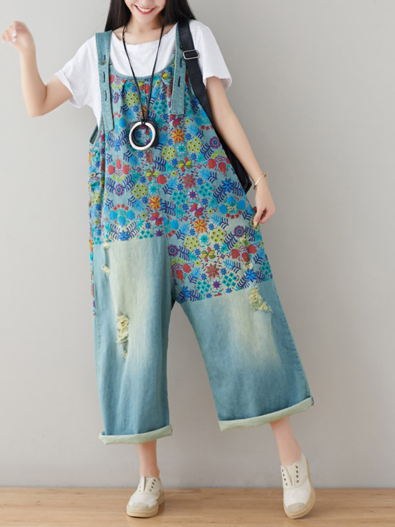 Boho Wide-Leg Denim Overalls with Vibrant Floral Print | Eva Trends