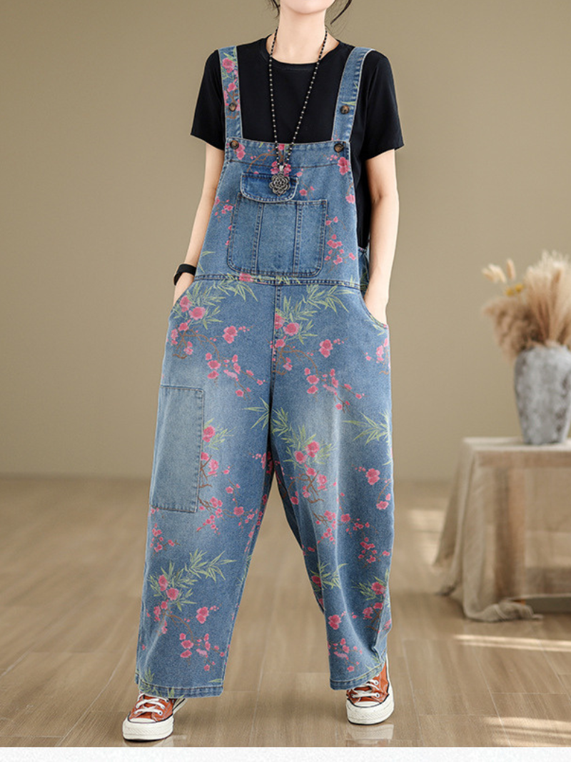 "Trendy bohemian denim dungarees – plus size floral overalls for casual retro fashion lovers"