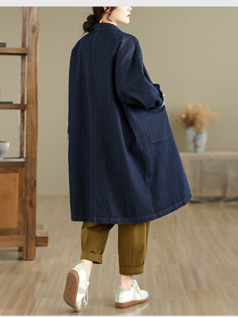 Artfully Relaxed Long Denim Cotton Coat with Notched Collar, Patch Pockets