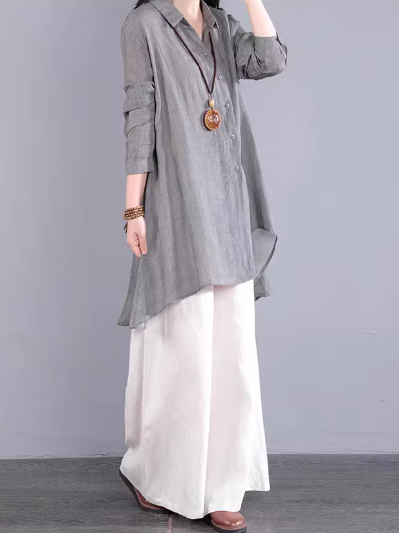 Asymmetric Longline Linen Shirt Tunic in Cotton Linen Blend, Refined