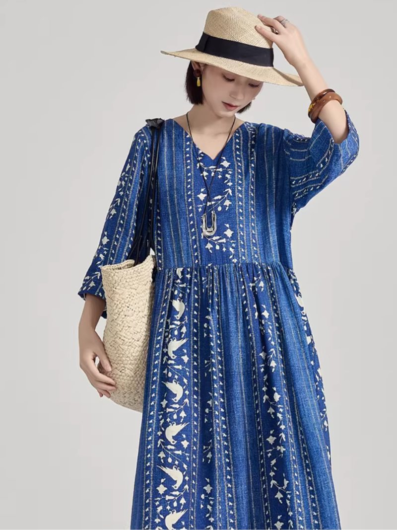 Artisanal Stripe Print V-Neck Maxi Dress in Luxe Nylon-Cotton Blend