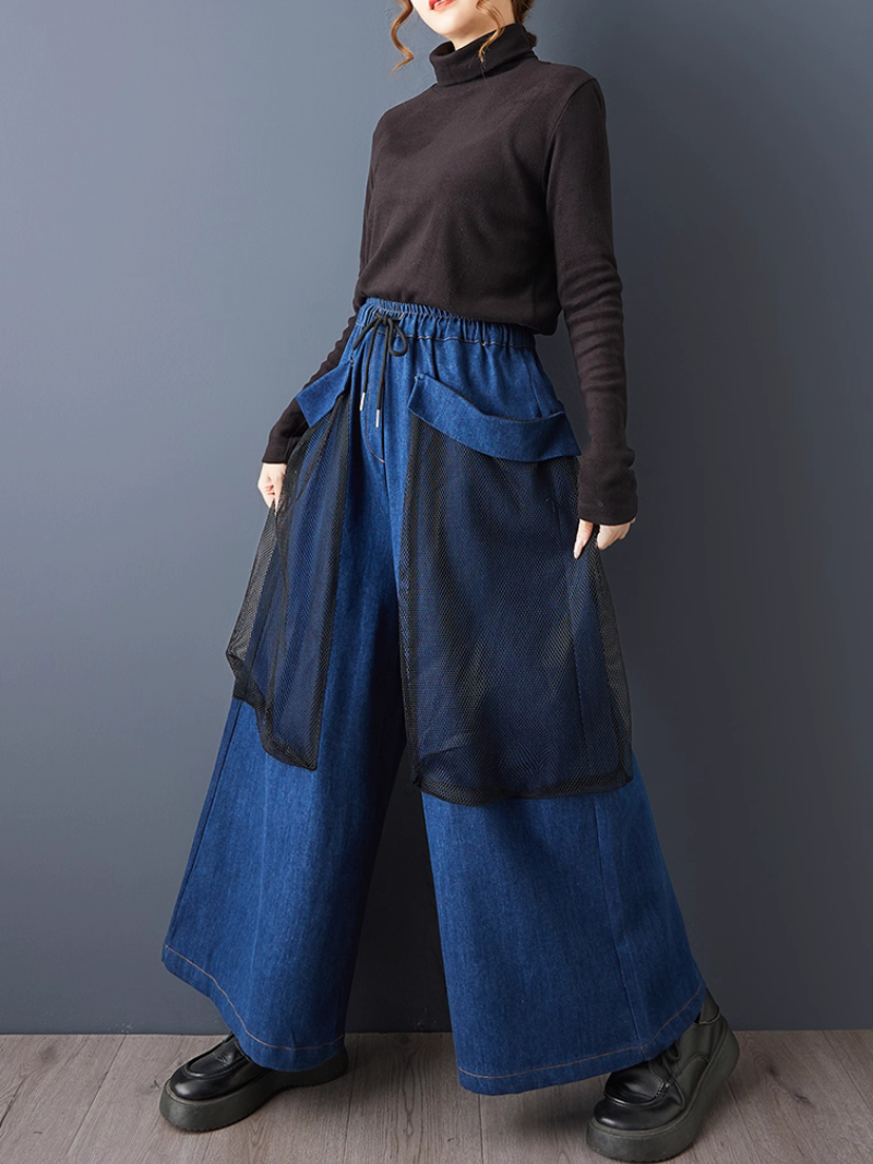 Avant-Garde Mesh Overlay Wide-Leg Denim Pants with Drawstring, High-Rise Waist